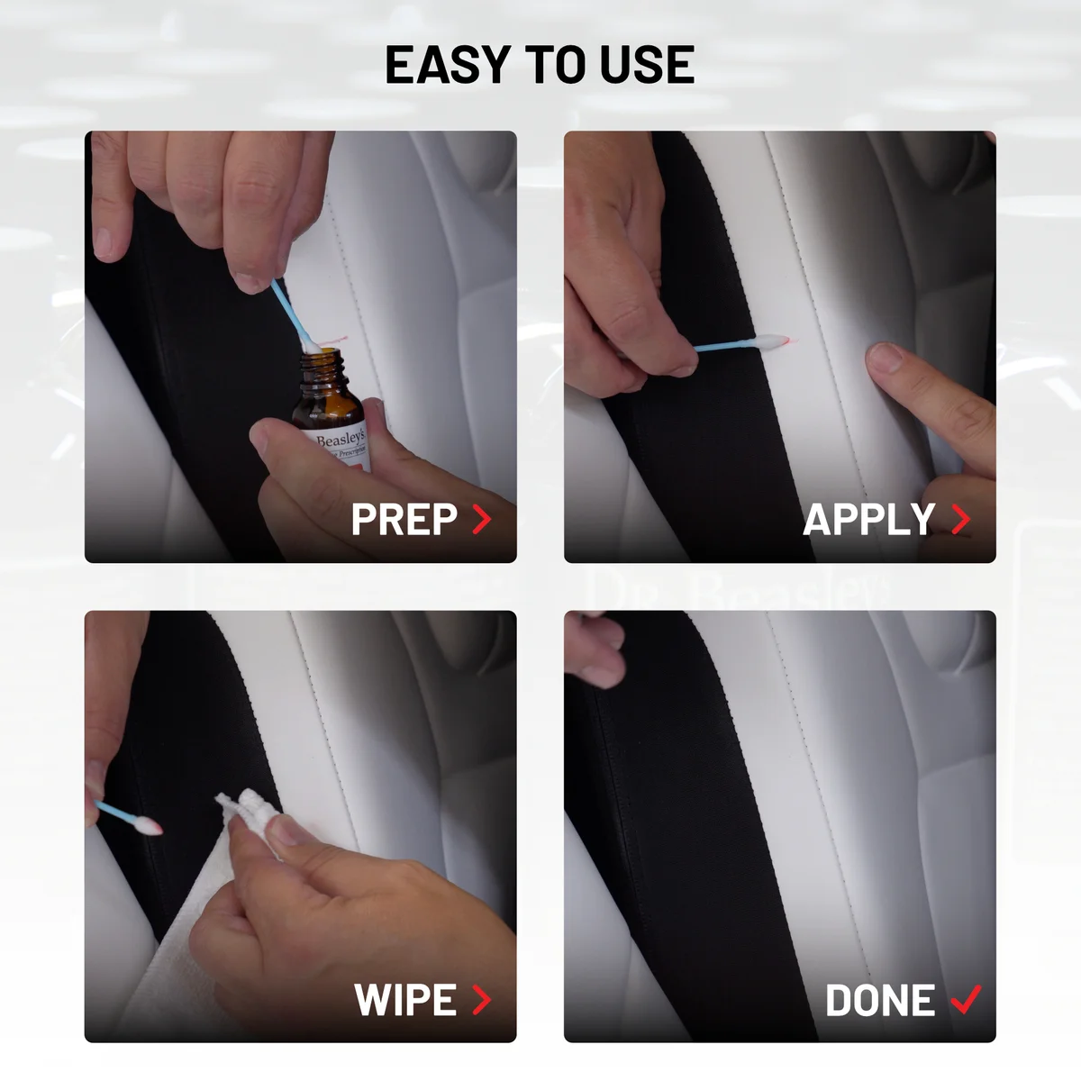 Easy To Use Process demonstrated on white Tesla vegan leather seat in four steps: prep, apply, wipe, done.