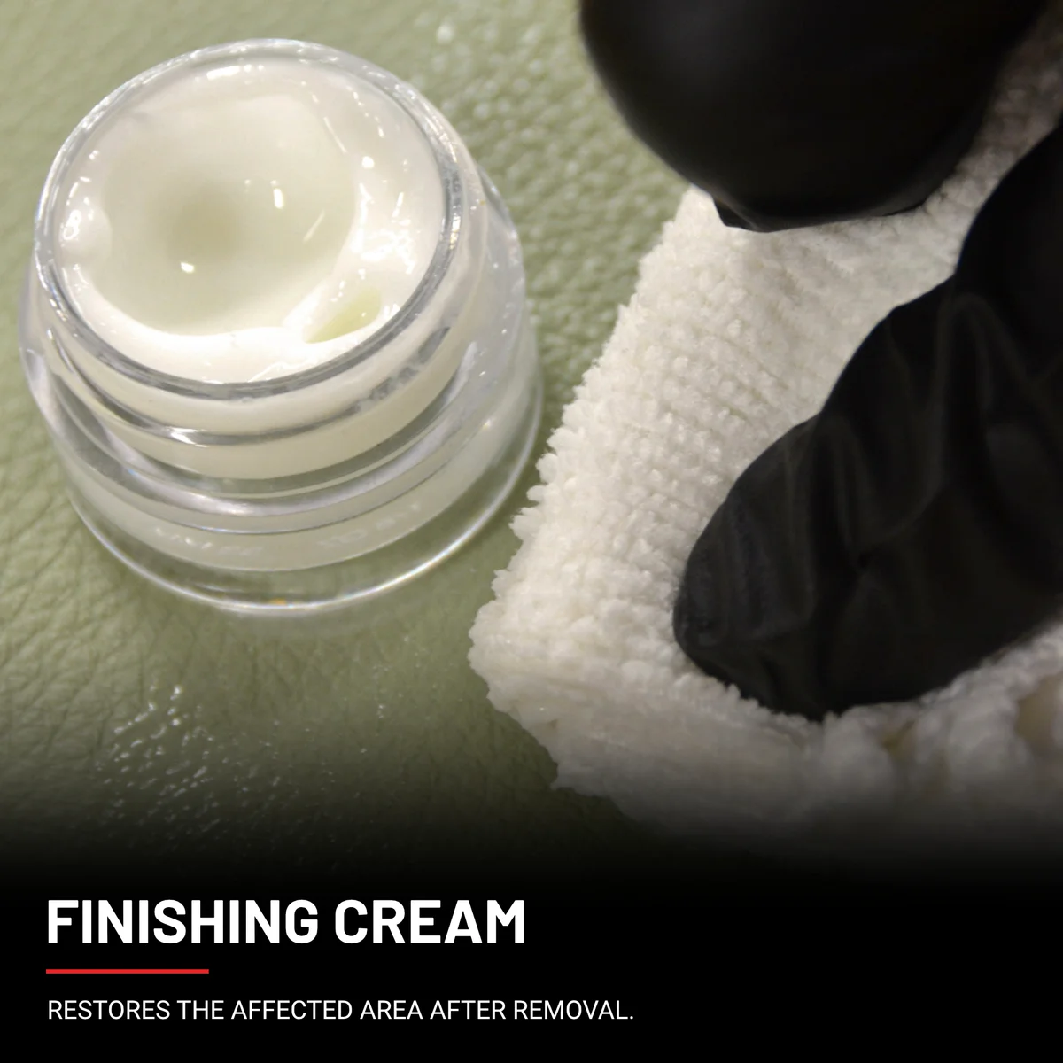 Finishing Cream being applied to green leather using white microfiber towel
