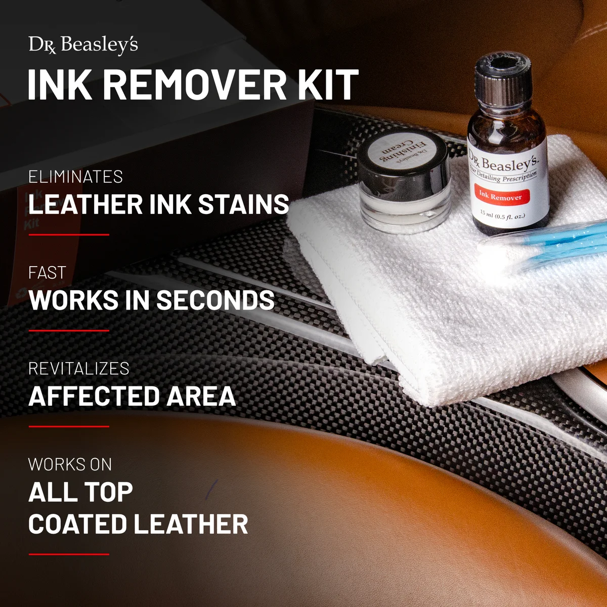 Ink Remover Kit placed on white towel inside car interior showcasing benefits on the left side