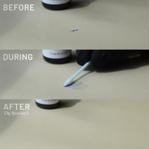 Showcasing Ink Remover Kit in action on off-white leather: before, during, and after.
